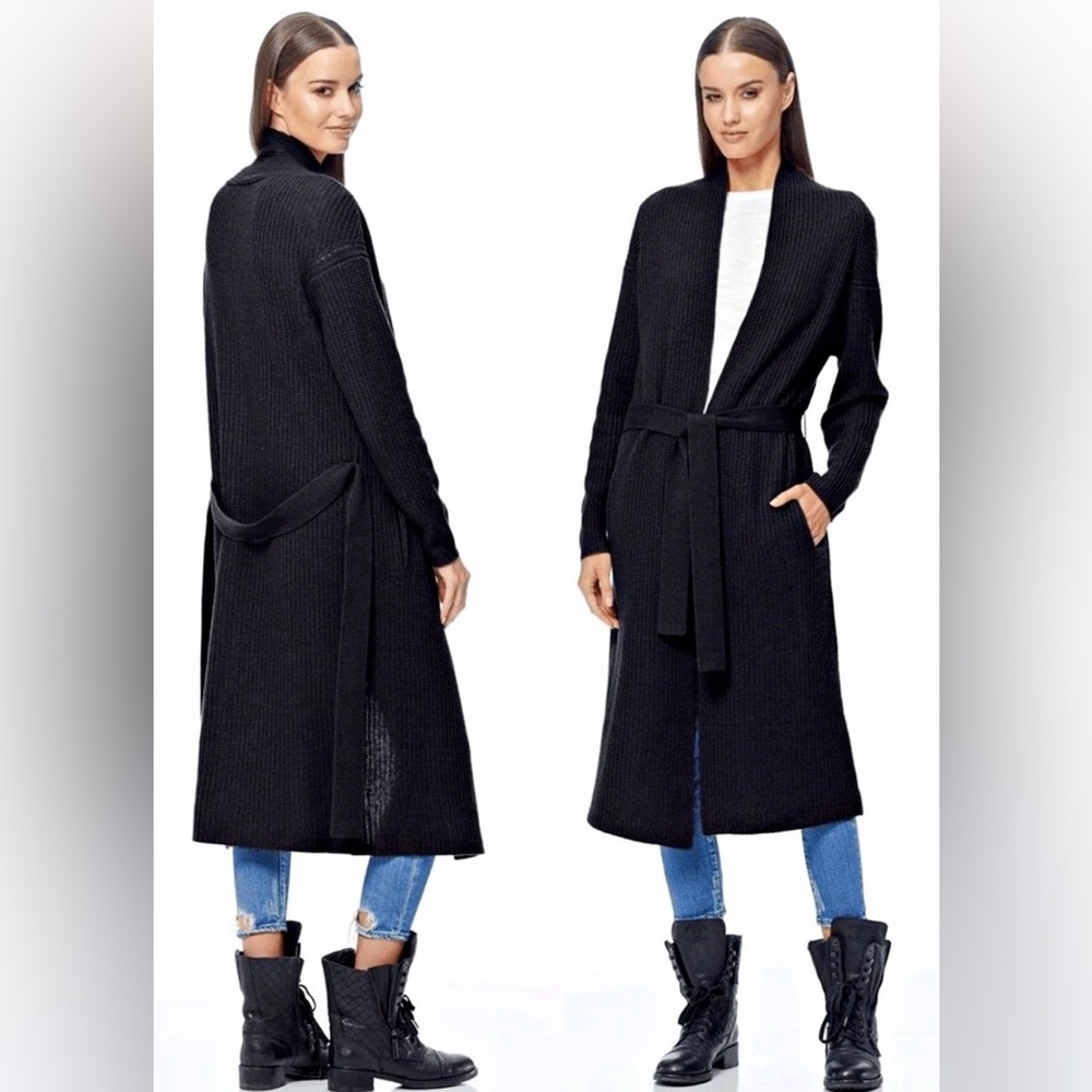 360 Cashmere Open Front Ribbed Knit Long Duster Cardigan Pocket Waist Tie Size M